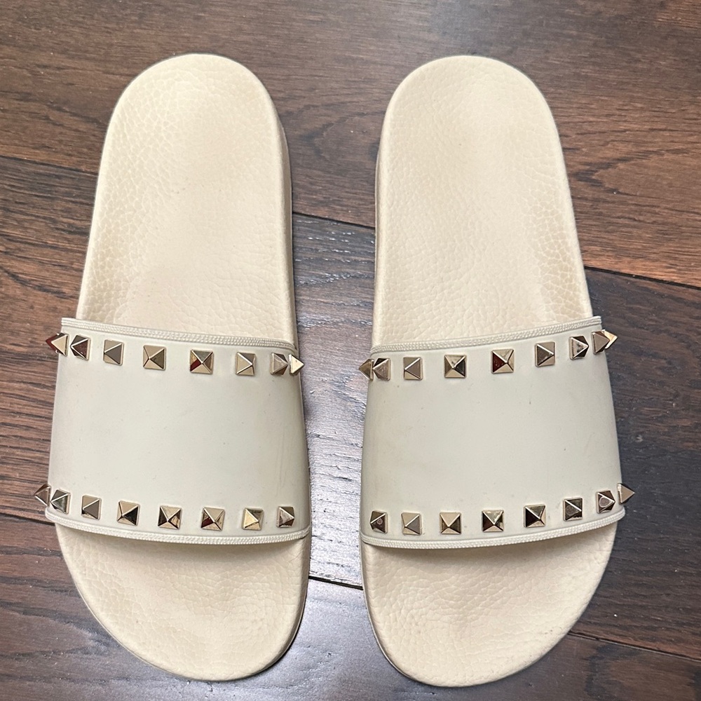 Valentino Ivory Rockstud Slide Sandals